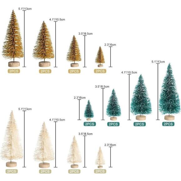 8PCS Artificial Mini Bottle Brush Pine Wood Base Tabletop Snow Frosted Trees - Picture 3 of 7